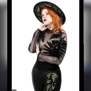 Restyle Forest Witch Bodysuit Gothic Mesh Velvet Fern Black Sheer Contrast NWOT